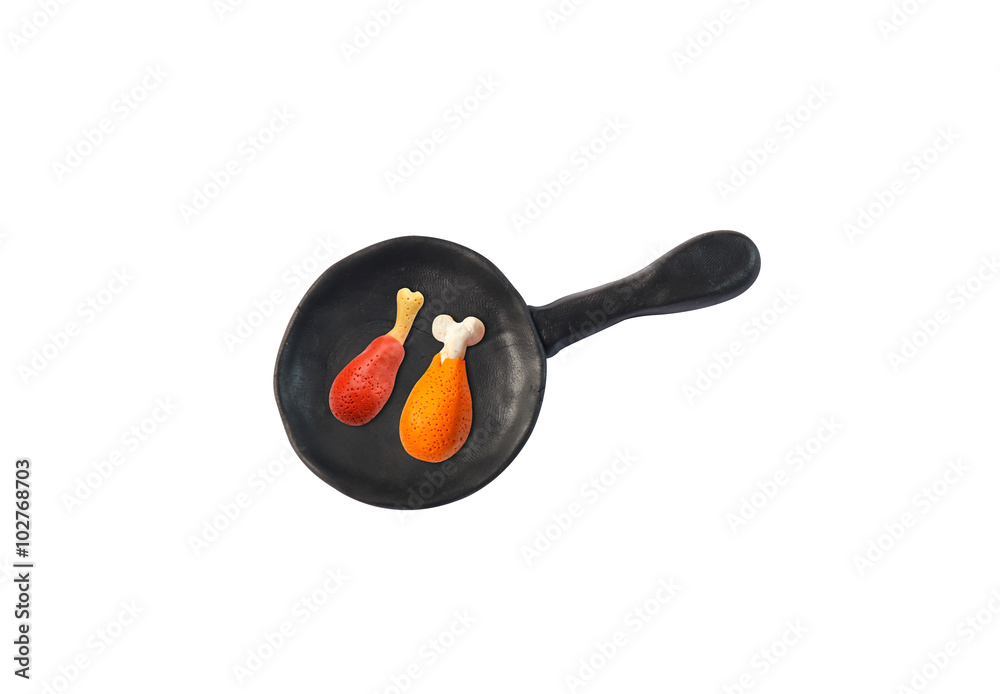 chicken fried in pan model from japanese clay on white background chicken fried in pan model from japanese clay on white background