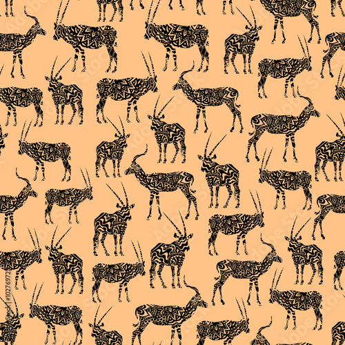 Black Seamless Pattern With Antelope On Beige