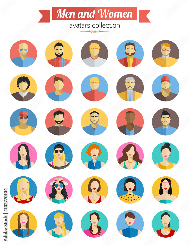 Set of Men and Women Avatars Icons. Colorful Male and Female Faces Icons Set. Flat Style Design with long shadows. Set of Men and Women Avatars Icons. Colorful Male and Female Faces Icons Set. Flat Style Design with long shadows.
