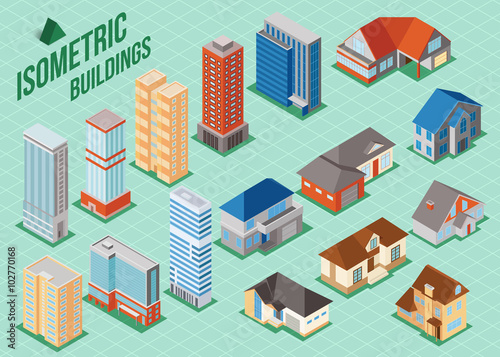 Set of 3d isometric private houses and tall buildings icons for map building. Real estate concept. 