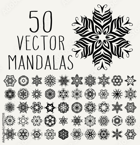 Set of ornate lacy doodle floral round rosettes in black over white backgrounds. Mandalas formed with hand drawn calligraphic elements.