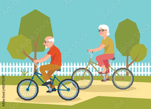 Mature couple riding on a bicycle illustration of style low poly