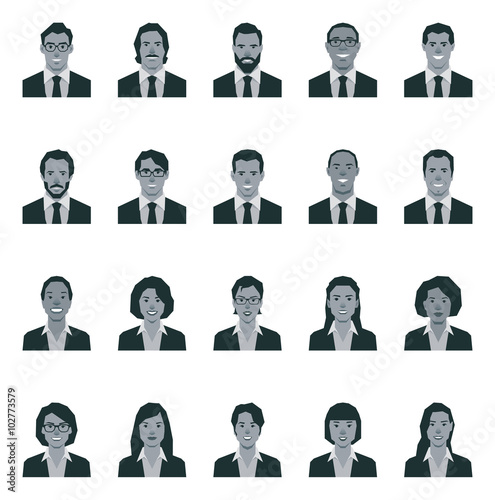 Set of vector monochrome avatars of men and women in business su
