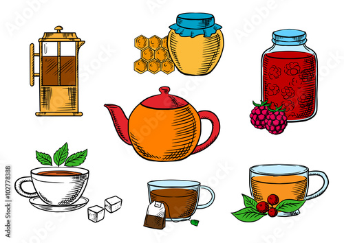 Teacups, dessert and teapots icons