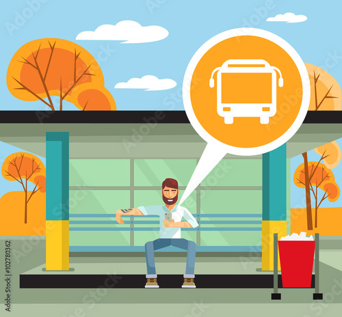 Man on the bus station using mobile app. Vector flat illustration