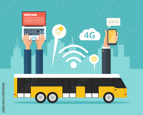 City bus with wi-fi. Vector flat illustration
