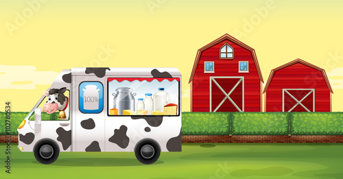 Cow driving milk truck on the farm