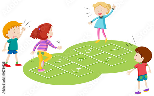 Children playing hopscoth together