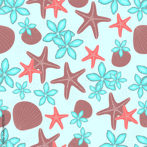 starfish, seashells and flowers seamless background