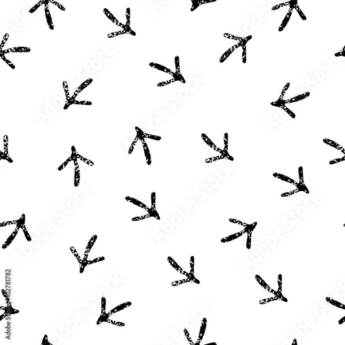 Bird footprints black and white seamless pattern, vector