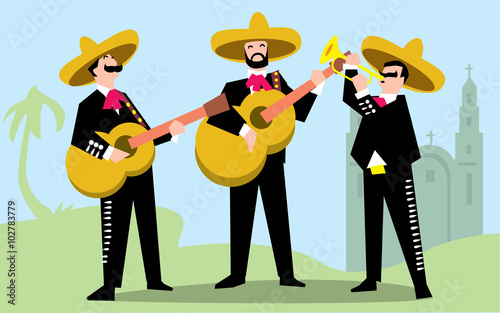 Mariachi Band in Sombrero with Guitar. Mexican Music Band. Vector illustration. The music group in traditional costumes of Mexico.