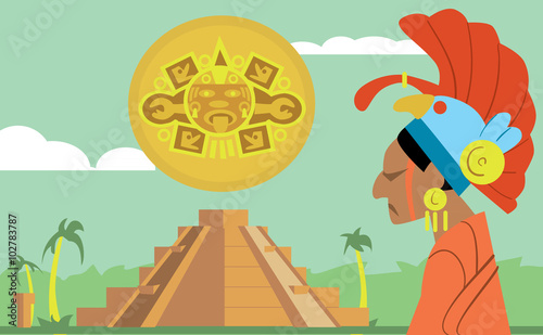 Pyramid Maya, chief of the tribe Maya. Vector illustration Mayan. photo