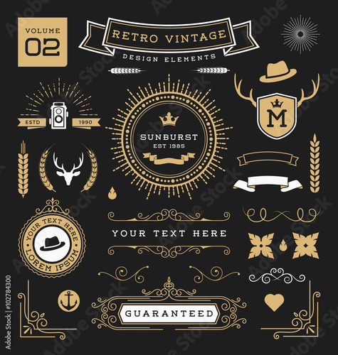 Set of retro vintage graphic design elements. Sign, frame labels, ribbons, logos symbols, crowns, flourish line and ornaments. Vector illustration