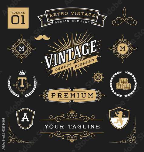 Set of retro vintage graphic design elements. Sign, frame labels, ribbons, logos symbols, crowns, flourish line and ornaments. Vector illustration