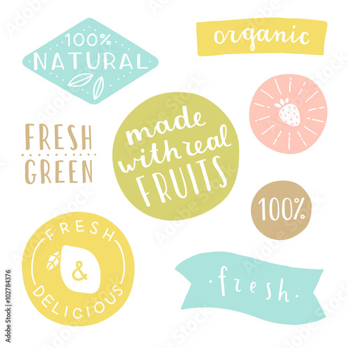 Set of hand drawn cute labels. It can be used for smoothie, juice packaging design.