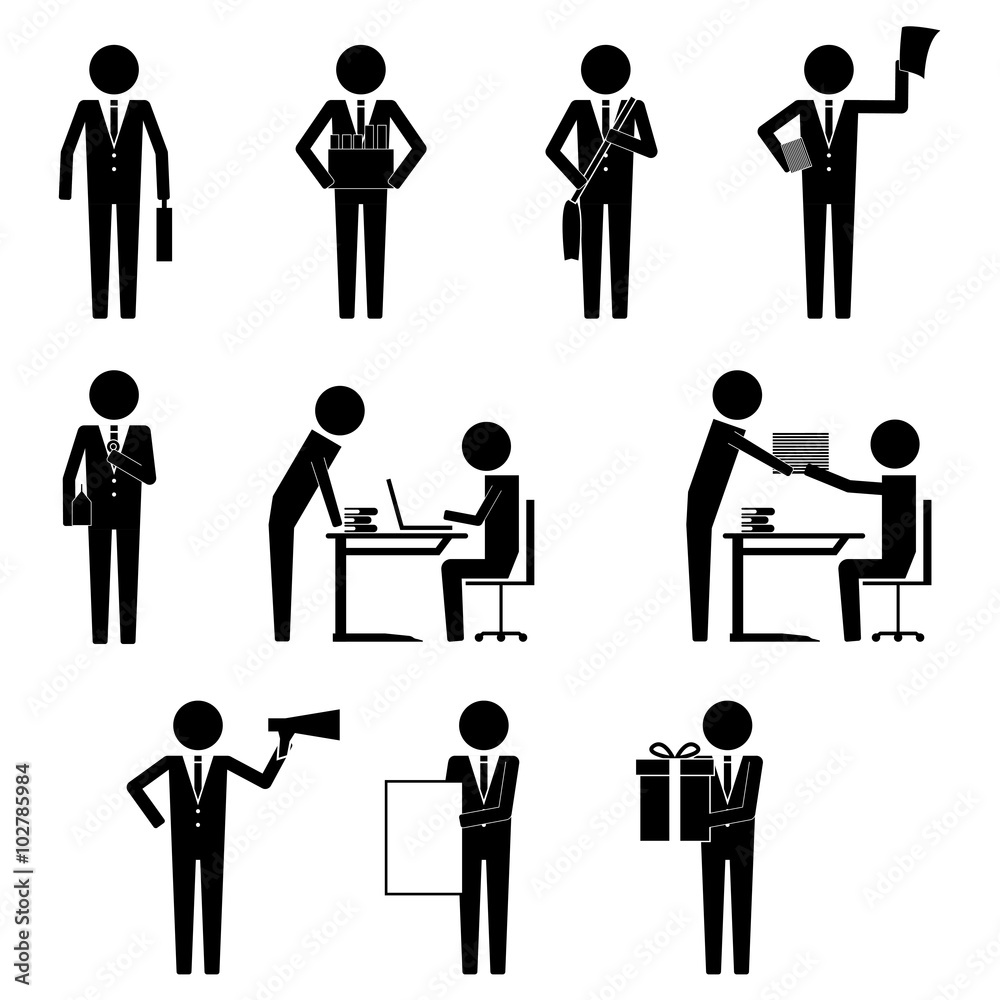 Businessman with various activity and item in office hour icon symbol pictogram vector info graphic Businessman with various activity and item in office hour icon symbol pictogram vector info graphic