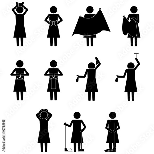 female woman, mom mother doing daily chores with various item icon sign symbol vector illustration pictogram info graphic