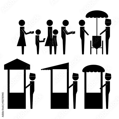 queuing and waiting in line for buying food in stall icon sign pictogram vector illustration info graphic
