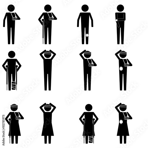 Men and women injury type with leg, arm, & head sign symbol vector pictogram infographic