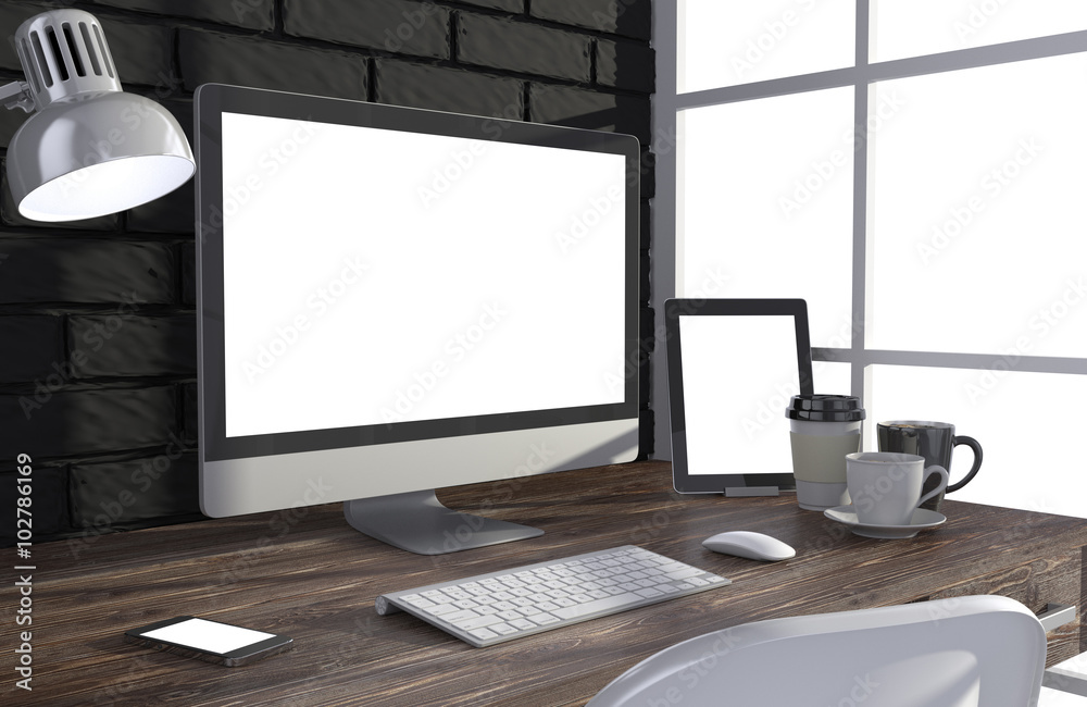 Fototapeta premium 3D illustration PC screen on table in office, Workspace