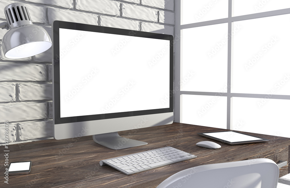 Fototapeta premium 3D illustration PC screen on table in office, Workspace
