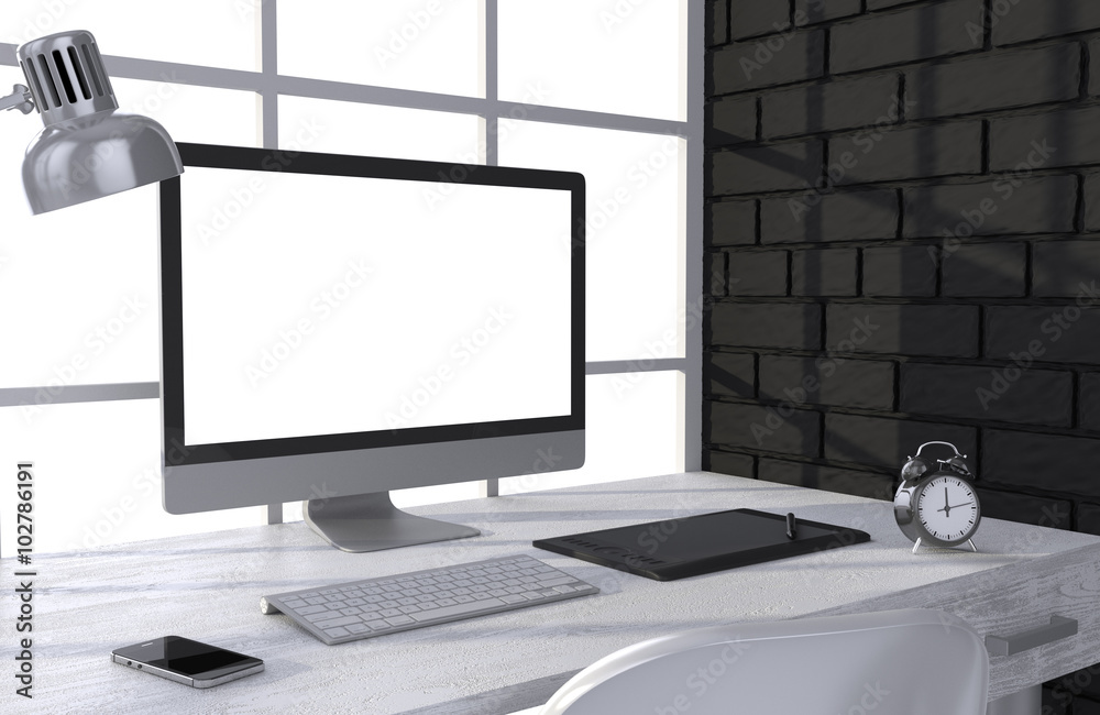 3D illustration PC screen on table in office, Workspace 3D illustration PC screen on table in office, Workspace