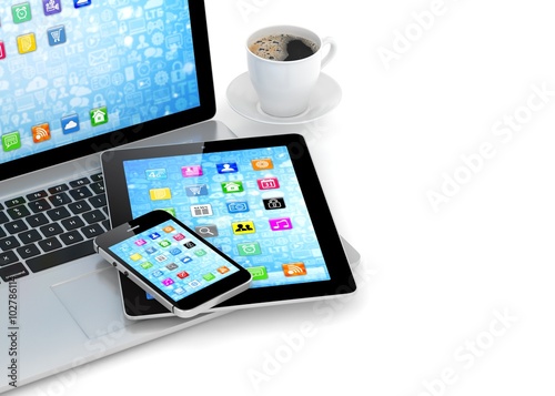 Laptop, phone, tablet pc and coffee.