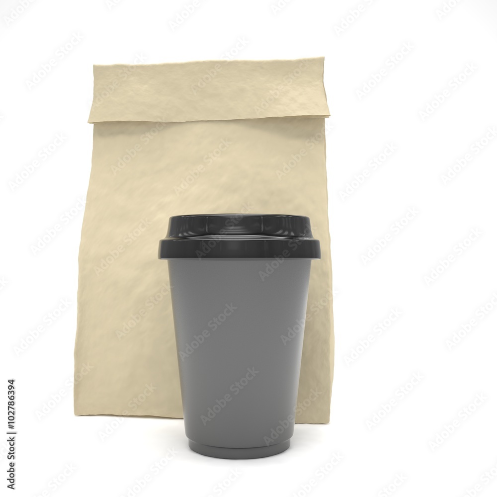 Coffee to go and lunch bag, on white.