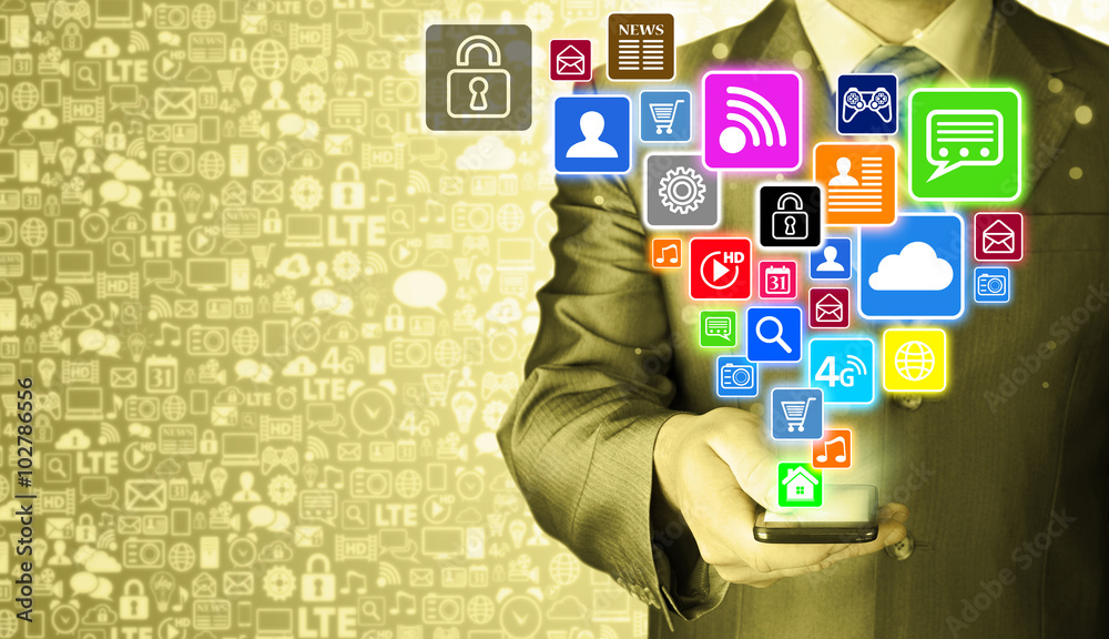Business man using smart phone with social media icon set Business man using smart phone with social media icon set