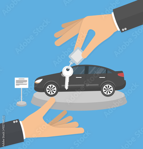 Dealership agent giving car key to a customer with a car in the background concept. Hand giving car keys to another hand. Flat design