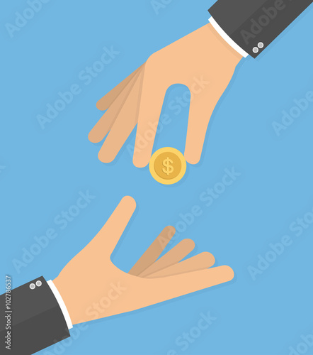 Hand giving golden coin to another hand. Charity concept. Hand holding coin. Flat style
