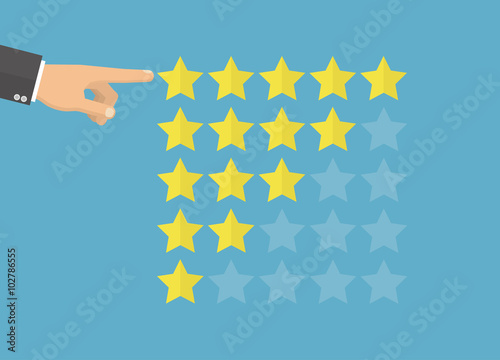 Rate stars with a hand pointing to five star rating. Flat style