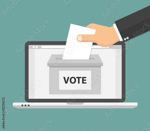 Voting online concept. Hand putting voting paper in the ballot box on a laptop screen. Flat style