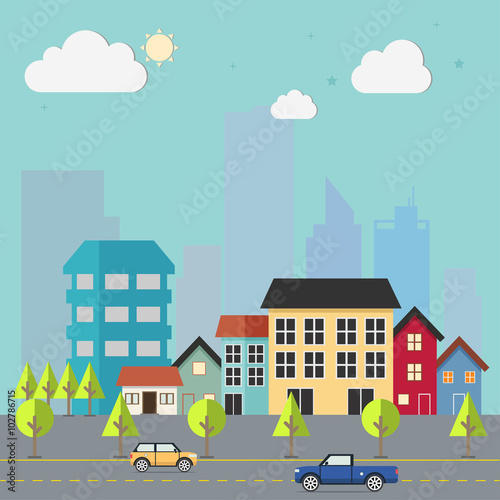 Town flat design urban landscape illustration. Cityscape sets with various parts of a city  small towns or suburbs and downtown silhouettes.