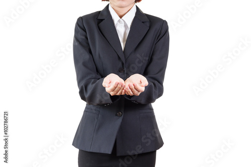 business woman open palm hand for showing something