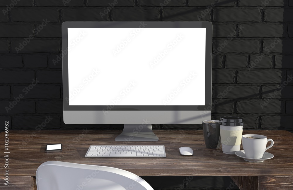 Fototapeta premium 3D illustration PC screen on table in office, Workspace