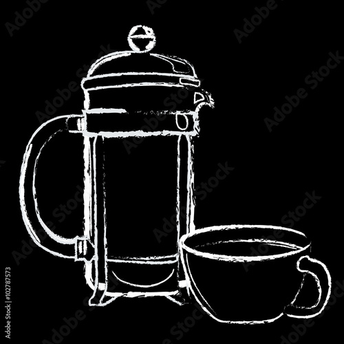 White chalk hand drawn coffee cup and french press on black background vector illustration
