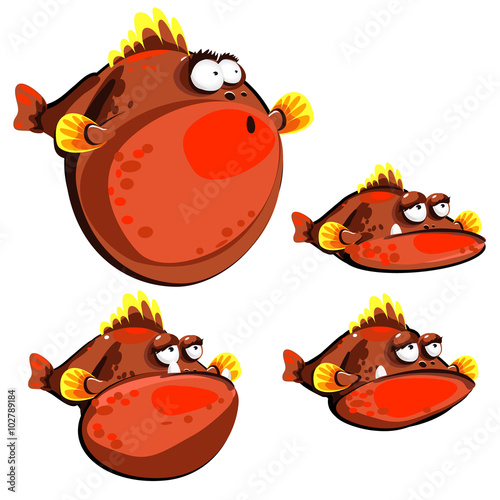 Cute red fish ball, four emotions, isolated images  
