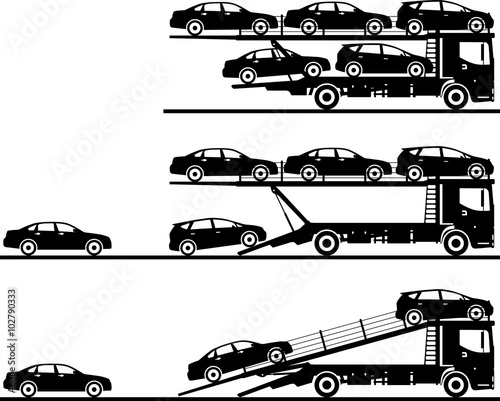 Set of silhouettes auto transporters isolated on white background in flat style in different positions. Vector illustration.