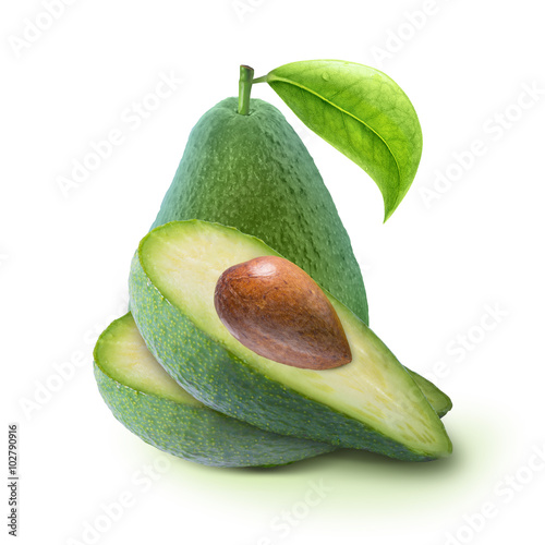 Cut avocado with leaf isolated on white