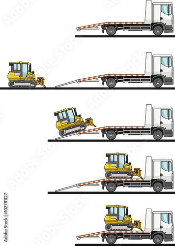 Set of auto transporter and dozer isolated on white background in flat style in different positions. Vector illustration.