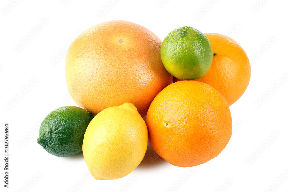 delicious and healthy citrus fruits isolated on white background lie in a heap delicious and healthy citrus fruits isolated on white background lie in a heap