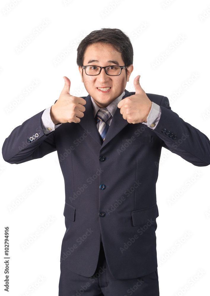 Asian businessman making thumbs up with a Smiling, Isolated on w Asian businessman making thumbs up with a Smiling, Isolated on w