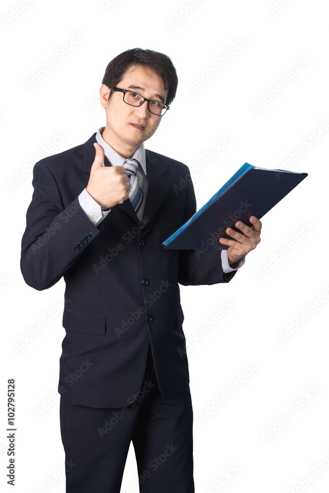 Asian businessman holding file folder and making thumbs up, isol