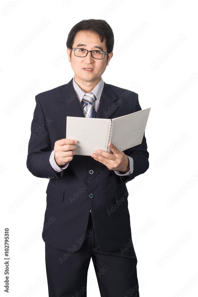Asian businessman reading notebook or diary for checking, isolat Asian businessman reading notebook or diary for checking, isolat