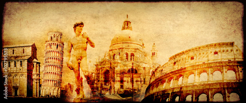 Photography Grunge background with paper texture and landmarks of Italy