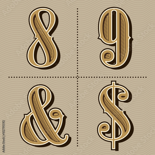 Western alphabet letters vintage numbers design vector (8,9,&,$)