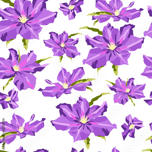 Seamless texture with hand-drawn lilac clematis 