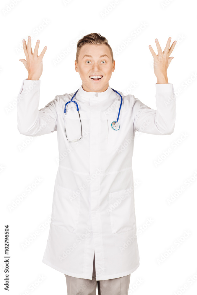 Young male doctor in white coat and stethoscope finger point up Young male doctor in white coat and stethoscope finger point up