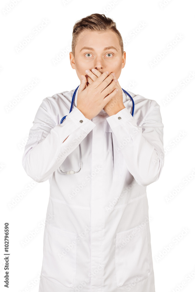 doctor in white coat and stethoscope covering mouth with hand an doctor in white coat and stethoscope covering mouth with hand an